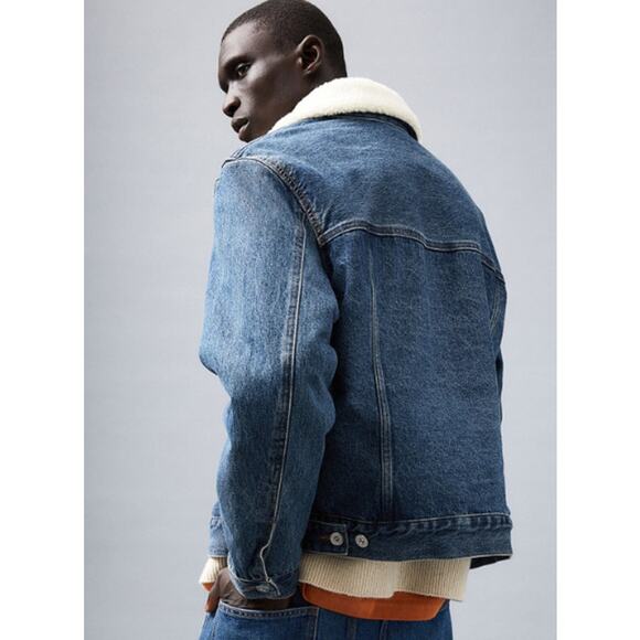 H&M Insulated Sherpa Collar Denim Trucker Puffer Jacket Jean Jacket, Blue - Picture 3 of 14